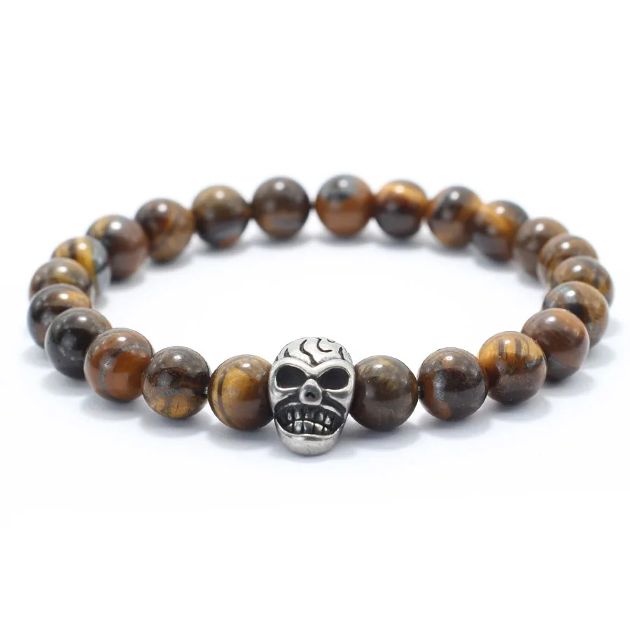 Men Lava Beaded Skull Bracelet Natural Stone Hiphop Jewelry