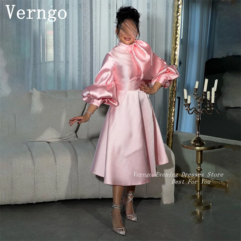 

Verngo Pink Satin Prom Gowns High Neck Full Puff Sleeves Party Dress Saudi Arabic Simple Formal Occasion Dress For Women