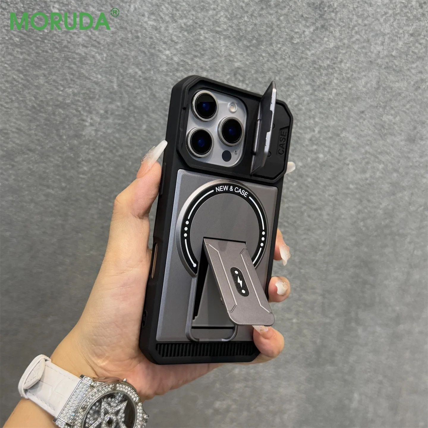 Magnetic Folding Bracket Armor Phone Case with Flip Lens Protective Stand Cover