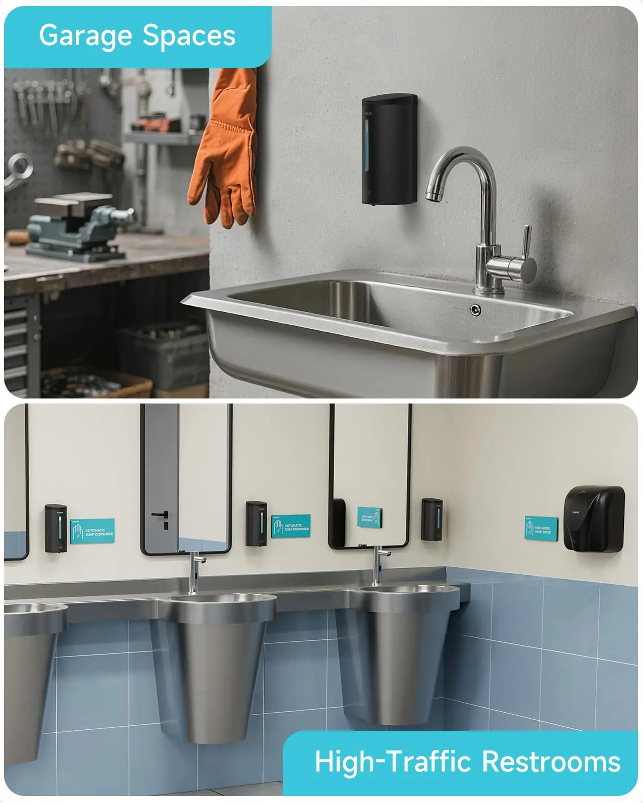 Distributeur gel hydroalcoolique mural, angle latéral montrant le support en acier.