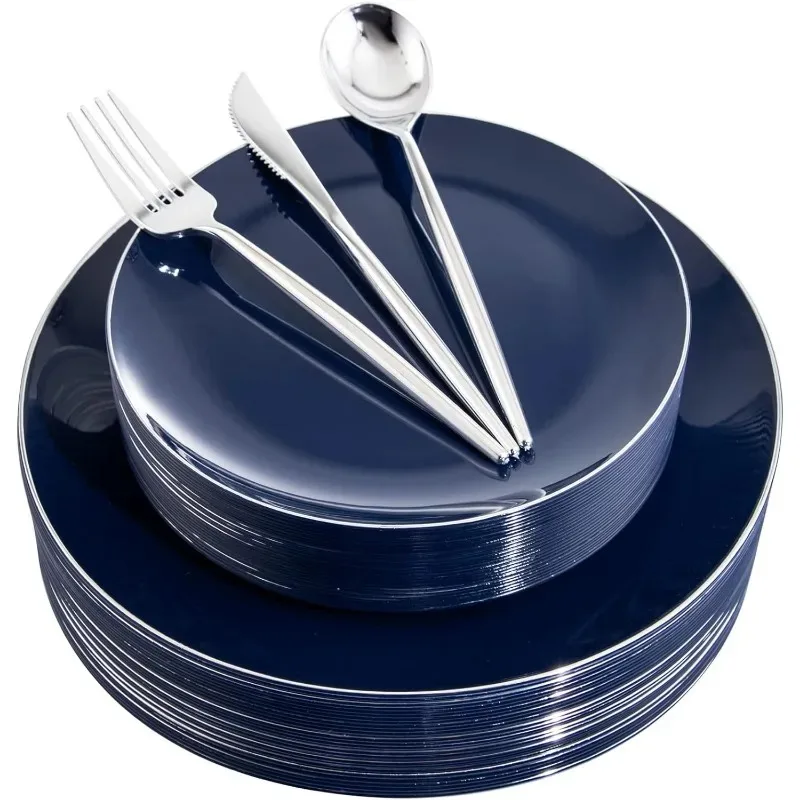 150Pcs Plastic Plates,Disposable Silverware for 30 Guests Include 30 Dinner Plates,30 Dessert Plates,90 Cutlery for Wedding