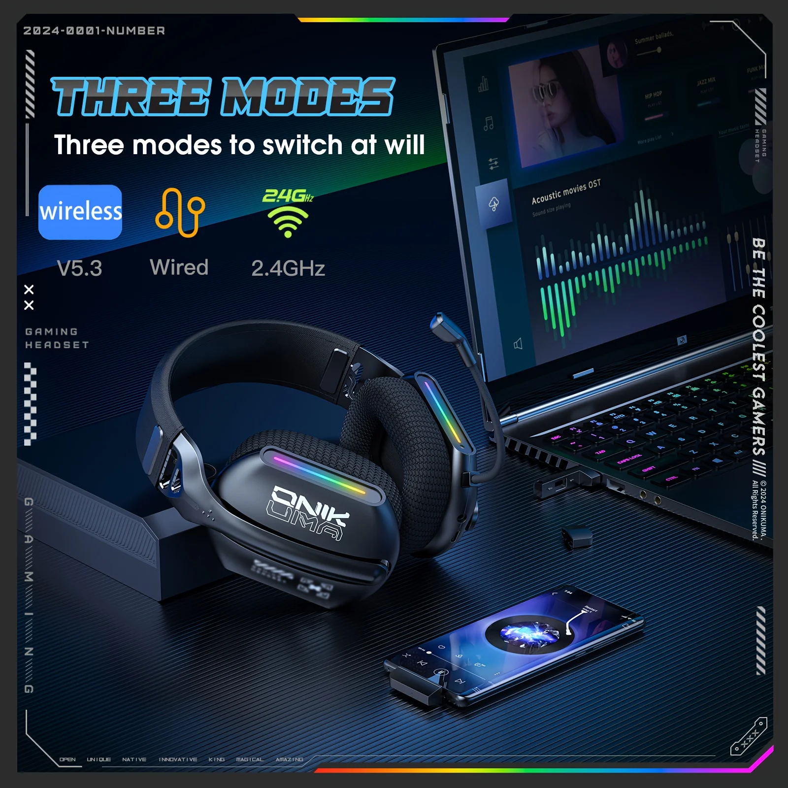 سماعة رأس الألعاب Onikuma GT808 ثلاثية الأوضاع تدع...