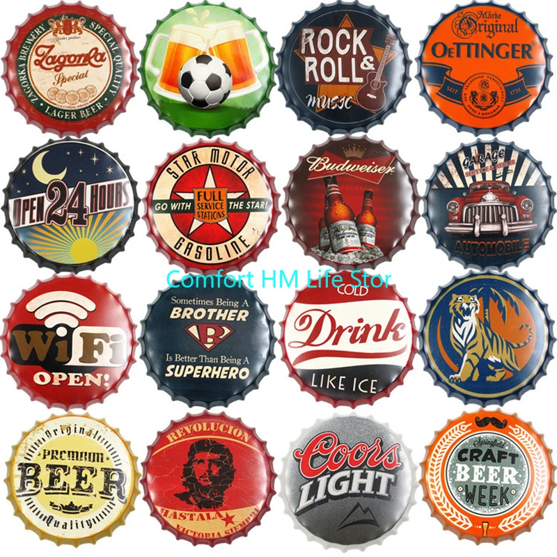 

WiFi Rock Roll Wine Plaques Metal Beer Bottle Cap Pattern Hanging Craft Decor Bar Pub Restaurant Retro Wall Decorative Tin Sign