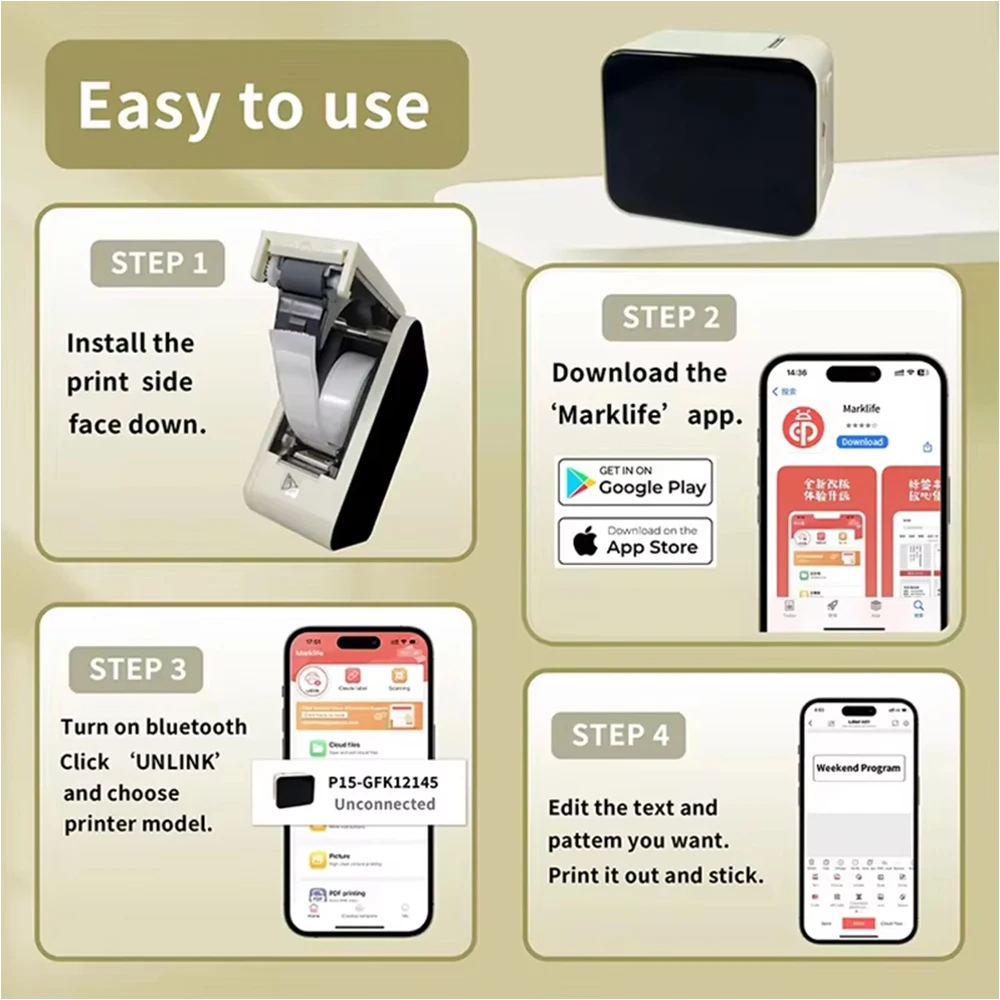 Marklife P15 열전사 휴대용 프린터 D11 D110 D101과 유사한 무선 블루투스 접착 스티커 라벨링 기계(잉크 없음)