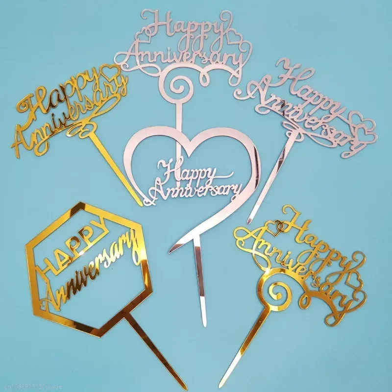 Happy Anniversary Theme Party Cake Toppers Gold Wedding Anniversary Cake Topper for Wedding Party Decorations