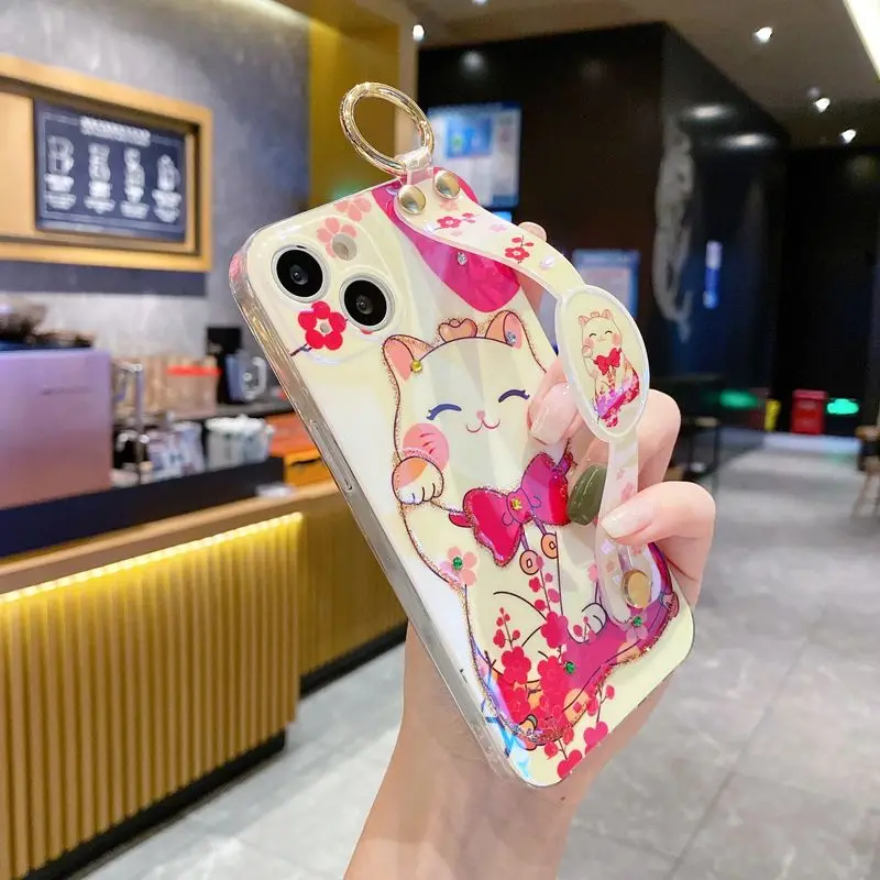 Rhinestone Powder Lucky Cat Wrist Belt Crossbody Case for iPhone 14 Plus 14 Pro 13 Promax 12 11 Xsmax Xr Xs Cute Girl Case