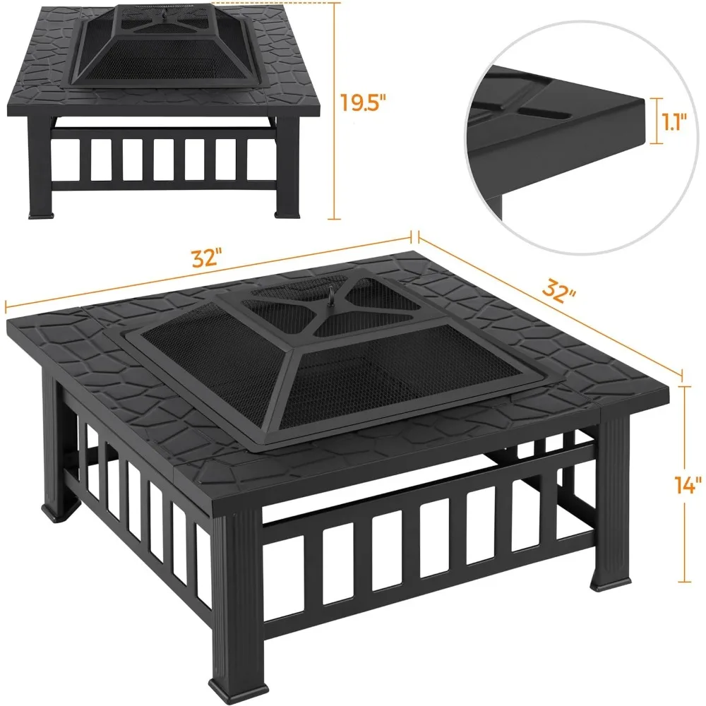 34in Fire Pit Table Outdoor Wood Fire Pits Pits for Outside Patio Square Steel Stove with Mesh Screen, Waterproof Cover &