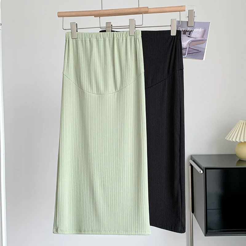 Summer Maternity Belly Skirt Adjustable Waist Pregnant Woman Ice Silk Long Skirts Slim Hips Stretched Striped Pencil Skirts