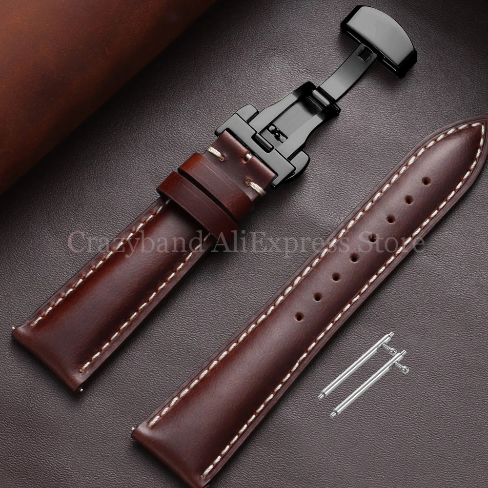 Premium Oil Wax Discoloration Calf Leather Watch Strap with Butterfly Buckle