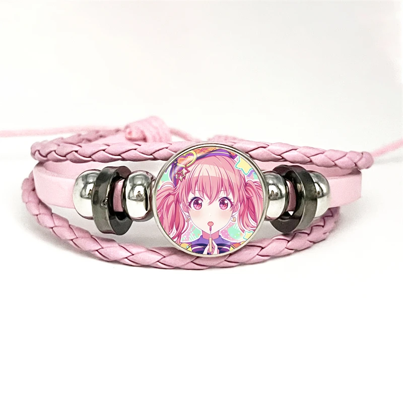 Project SEKAI Anime Momoi Airi MORE MORE JUMP! Pink Leather Bracelet Glass Cabochon Button Multilayer Bangles Wristband Gift 3