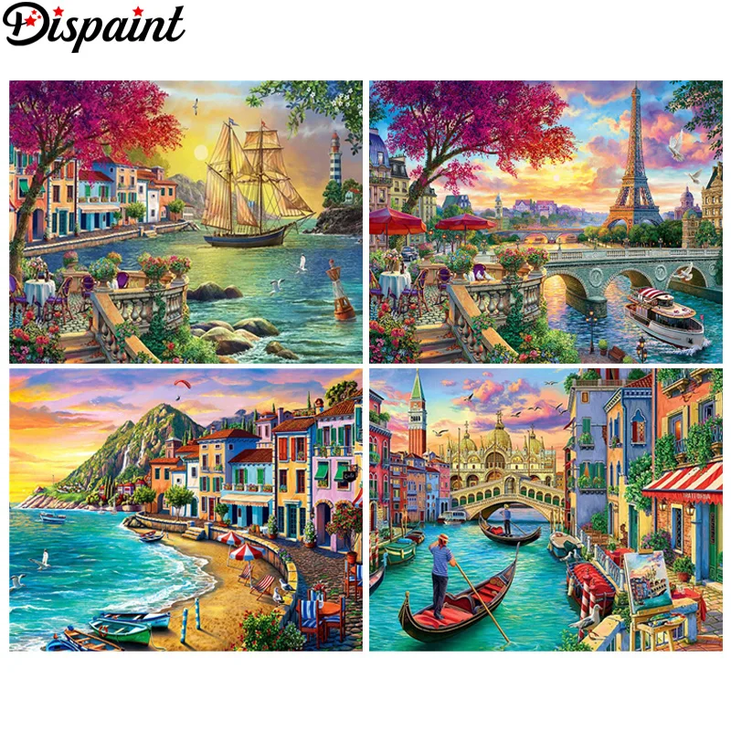 

Алмазная вышивка Dispaint, Набор для вышивки крестиком «Пейзаж, лодка, закат» 5D, рукоделие