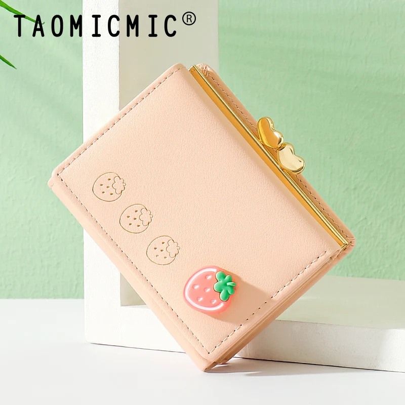 New Cute Folding Women's Korean Style Wallet Cartoon Mini Clip Creative Girl's Coin Purse Strawberry Pattern Student Storage Bag