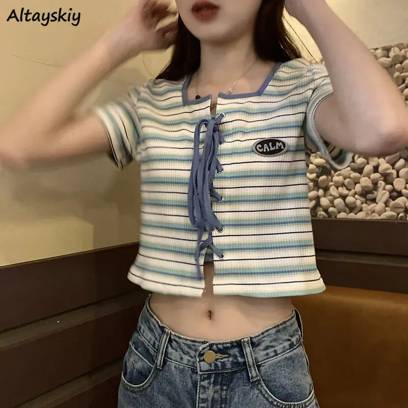 

Short Sleeve T-shirts Women Crop Tops Striped Bandage Retro Sexy Sweet Girlish Fashion Cool Streetwear College Summer Young Ins