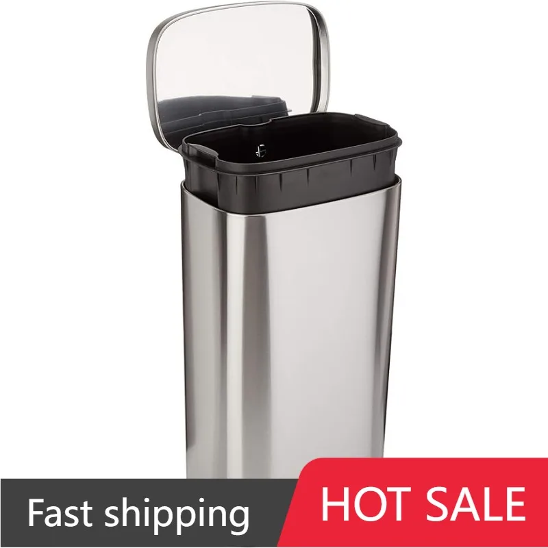 

Smudge Resistant Rectangular Trash Can With Soft-Close Foot Pedal, Brushed Stainless Steel, 30 Liter 7.9 Gallon