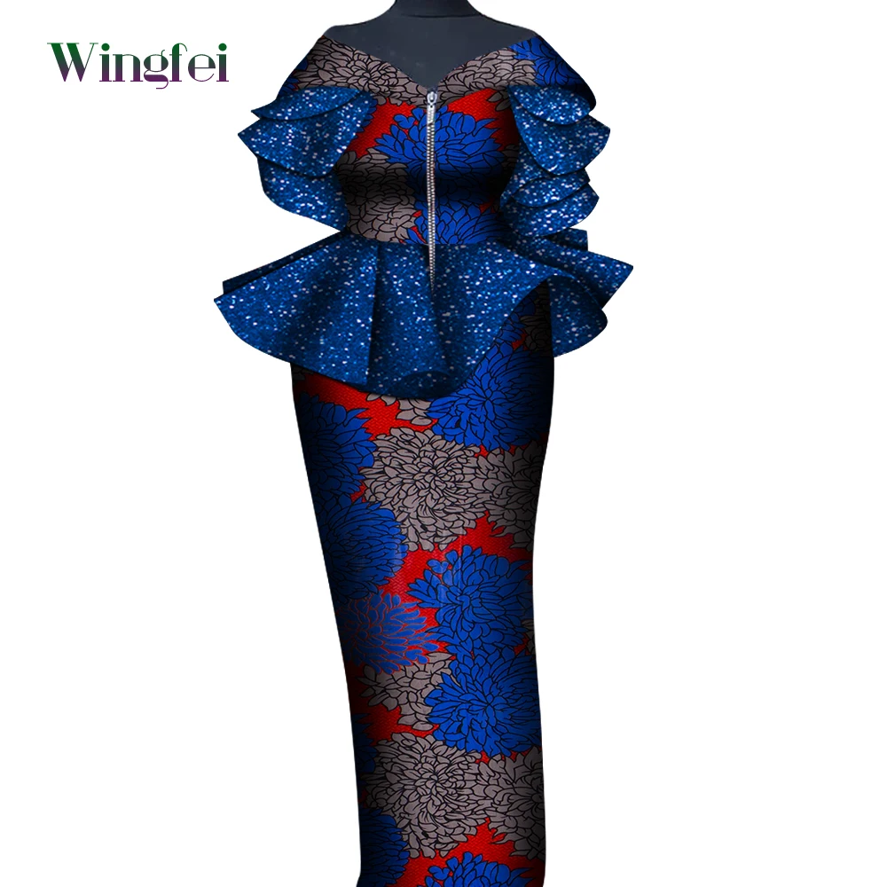 African Skirt and Top Set for Women Bazin Riche Lady 2 Pieces Set Sequin Stitching Fashion African Dashiki Clothes WY6462 african dresses for women africa clothes dashiki print ankara sequin bazin traditional robe dress with headtie 2023 summer new