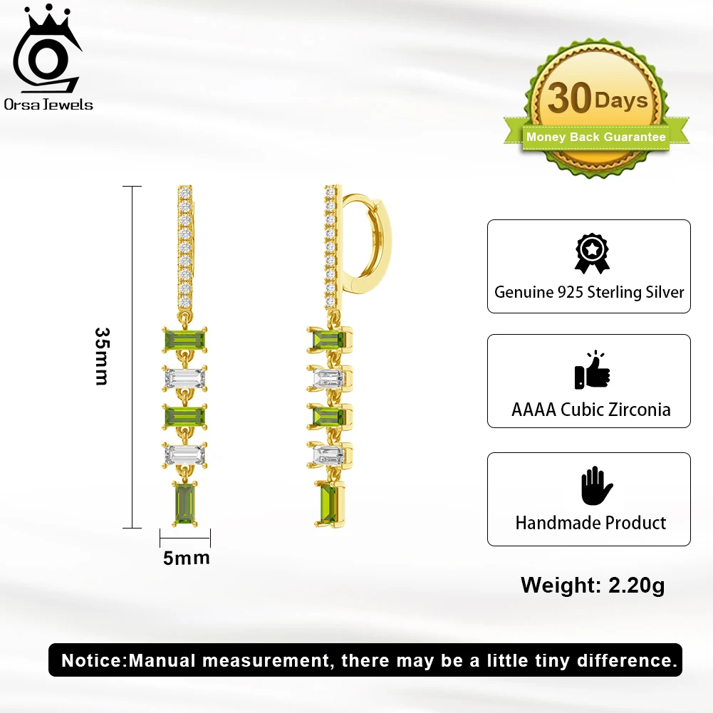 ORSA JEWELS Luxury 925 Sterling Silver Square Green&Clear CZ Drop Earrings for Women 35mm Dangle Earrings Wedding Jewelry SE378