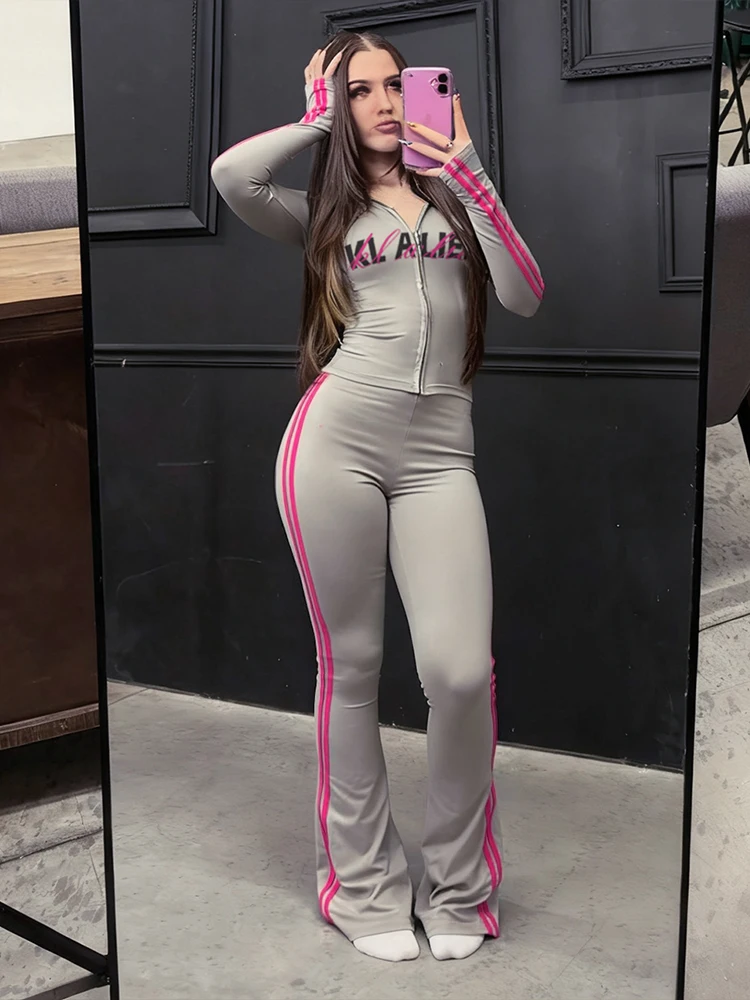 Nibber Sporty Stripes 2-Piece Set Women Zipper Letter Print Hooded Crop Tops+Pants Elasticity Fashion Autumn Casual Streetwear