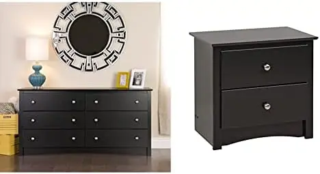 

6 Drawer Double Dresser for Bedroom, Black & Sonoma 2-Drawer Nightstand, Black