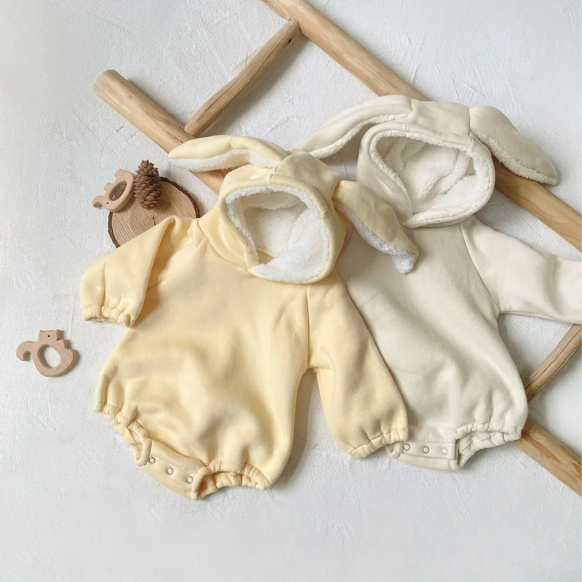 Fleece-Lined Baby Rabbit Ear Rompers Autumn/Winter Cotton Outdoor Overalls For Boys And Girls Aged 1 Year Infant Footwear