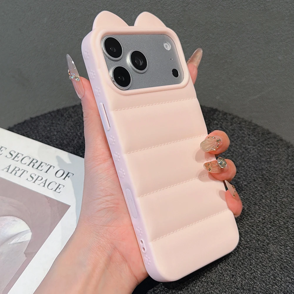 Adorable 3D Cat Ears Soft Phone Case with Down Jacket Shockproof Back Cover
