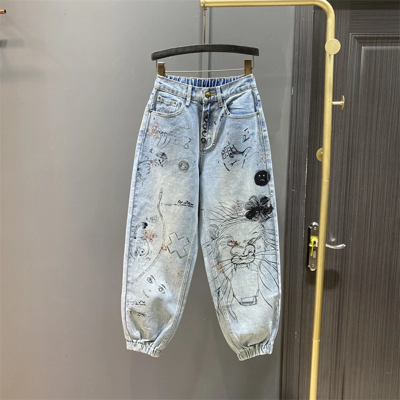 

European 2023 Spring New Fashion Rhinestone Graffiti Denim pants Women's casual trendy Loose Harem Pants Ankle-Tied Baggy jeans