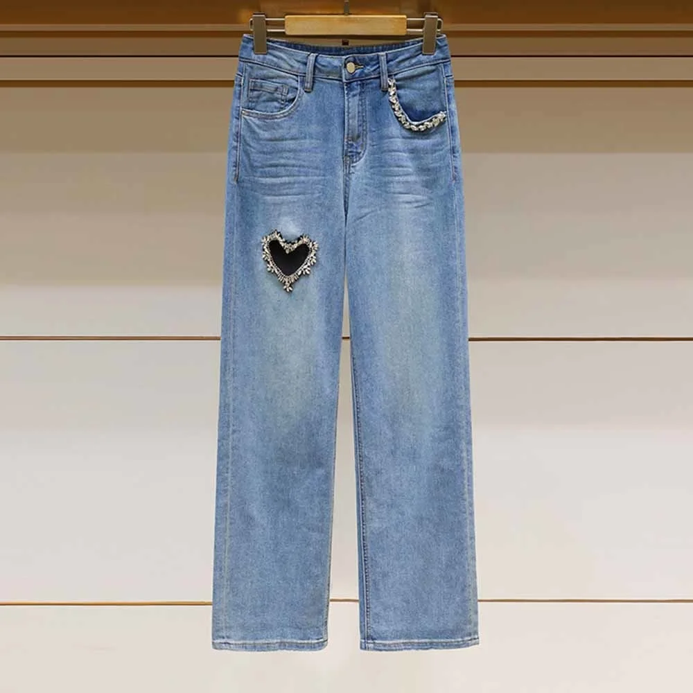 

2023 Spring Summer Women's Wide-Leg Jeans New High Waist Hollow Out Mop Trousers Fashion Diamond Denim Pants Female Clothes