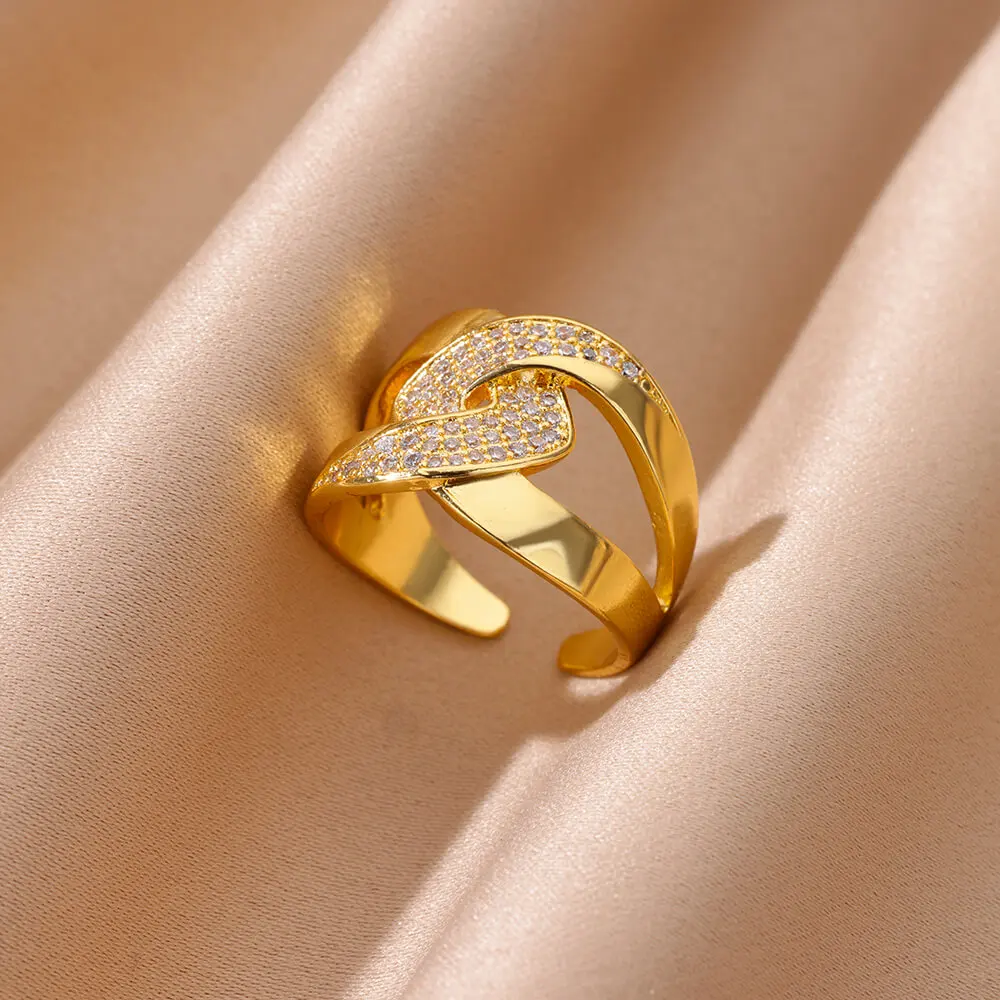 Zircon Cristal Geometric Rings For Women Stainless Steel Gold Color Adjustable Finger Ring Trendy Wedding Luxury Jewerly Gift 6