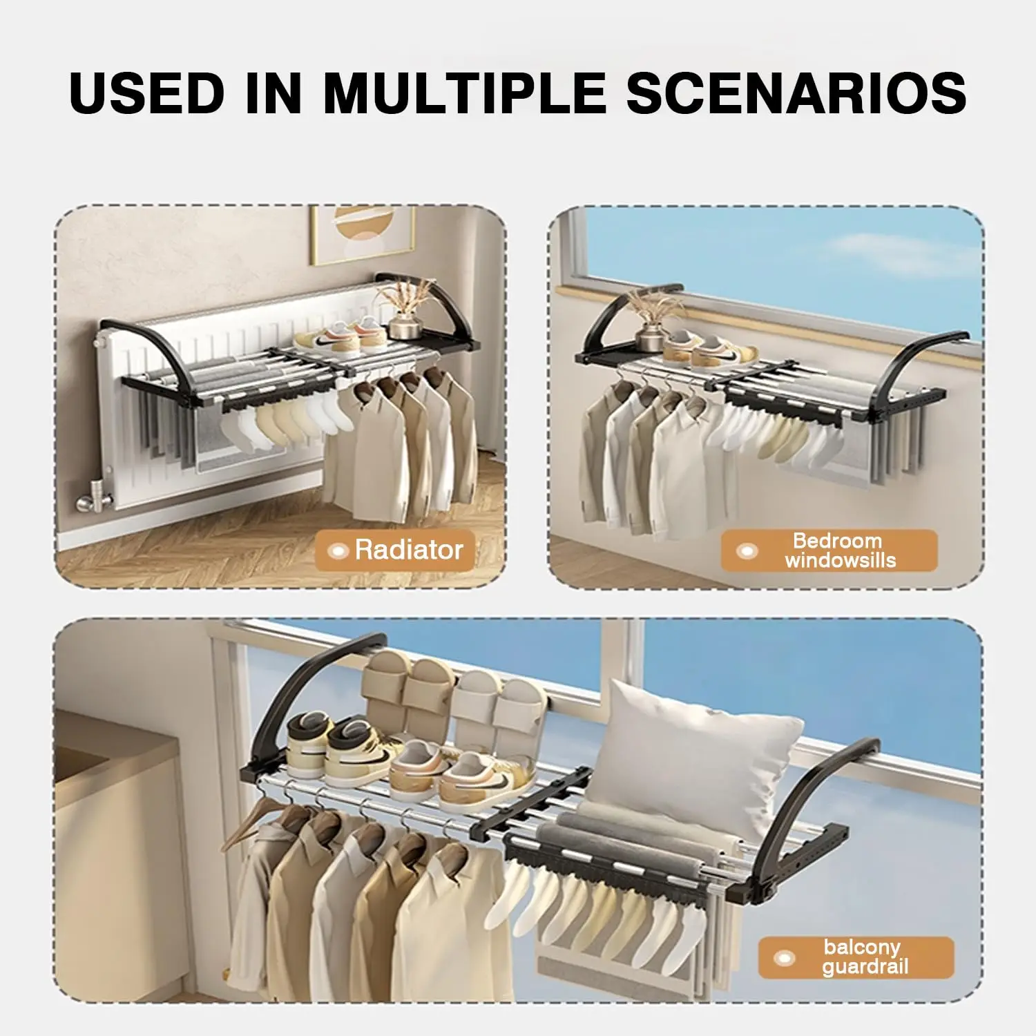 Portable Clothes Drying Rack for Balcony, Foldable Railings Windowsill, Retractable Radiator Cloth Airer,Folding Travel RV Rack 5