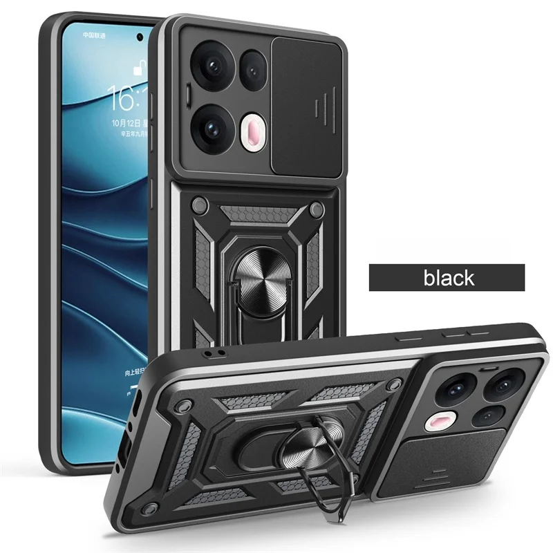 Shockproof Armor Case with Ring Holder and Slide Lens Protection Cover