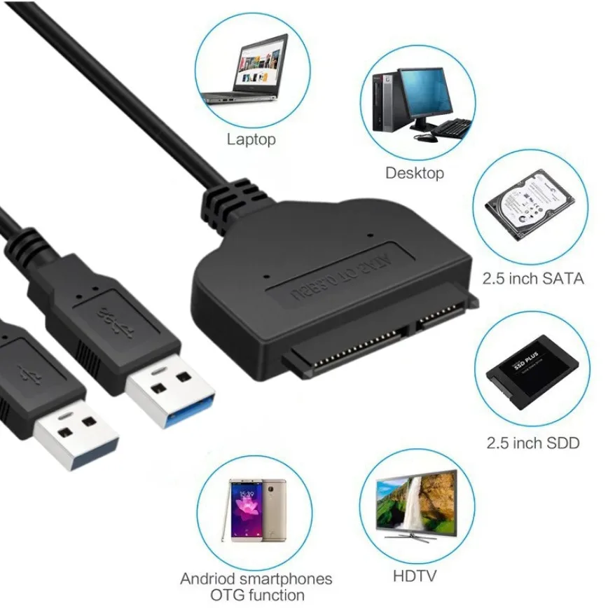 듀얼 USB to SATA 어댑터 SATA to USB 3.0 케이블 2.5인치 외장 SSD HDD 하드 드라이브 SATA 7+15핀 케이블 최대 5Gbps 지원