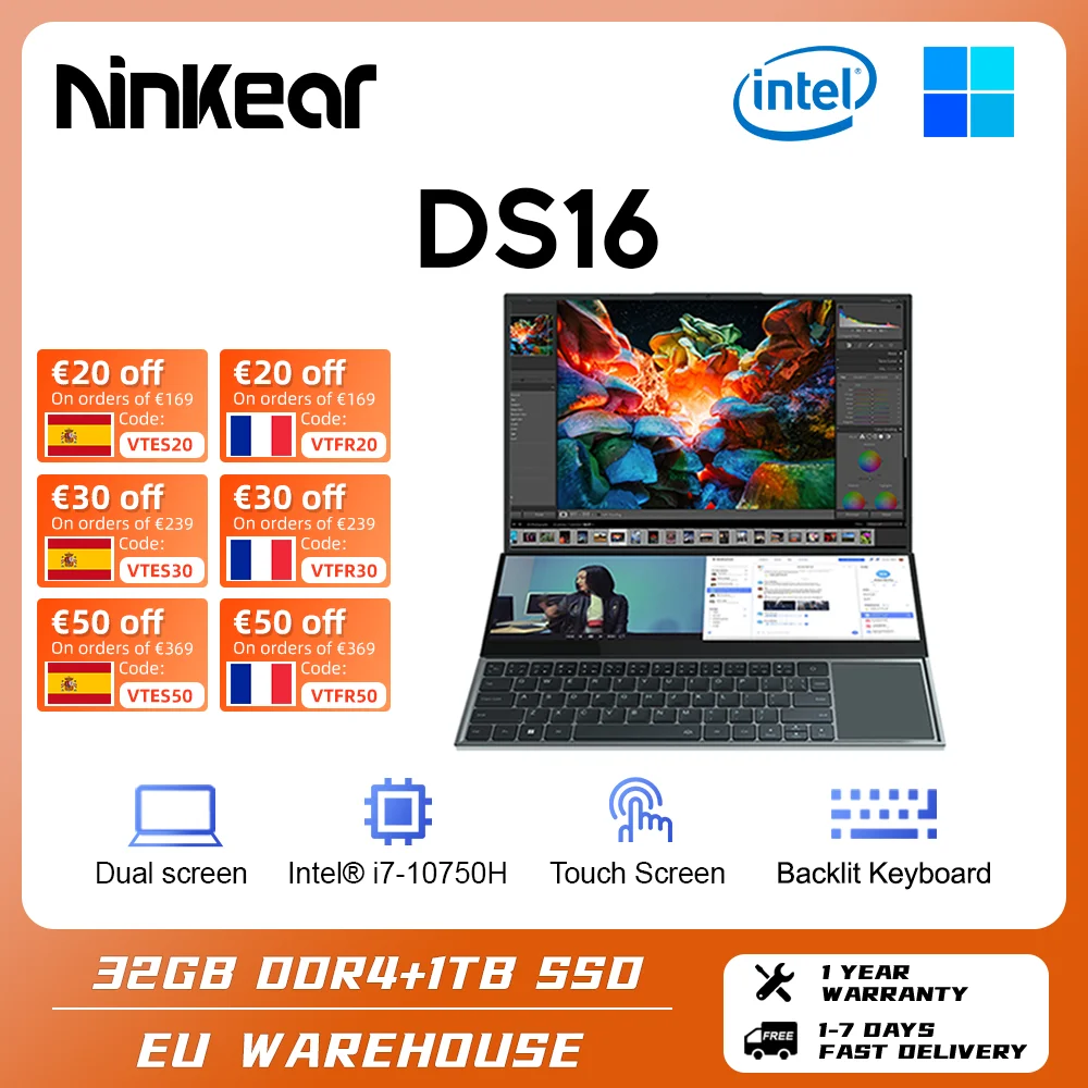 Laptop Ninkear Laptop Da 16 Pollici Intel Core I7-10750 Ips Full Hd 32Gb Ram + 1Tb Ssd Gaming Laptop Con Touchscreen Windows 11 Notebook