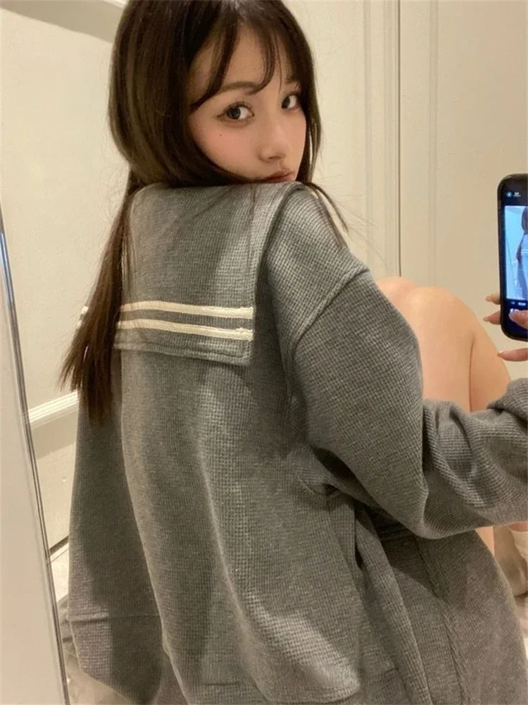 

Худи HOUZHOU Y2K с матросским воротником, Женская корейская мода, милые свитшоты на молнии, большие размеры, Харадзюку, Женская фейка, серая верхняя одежда