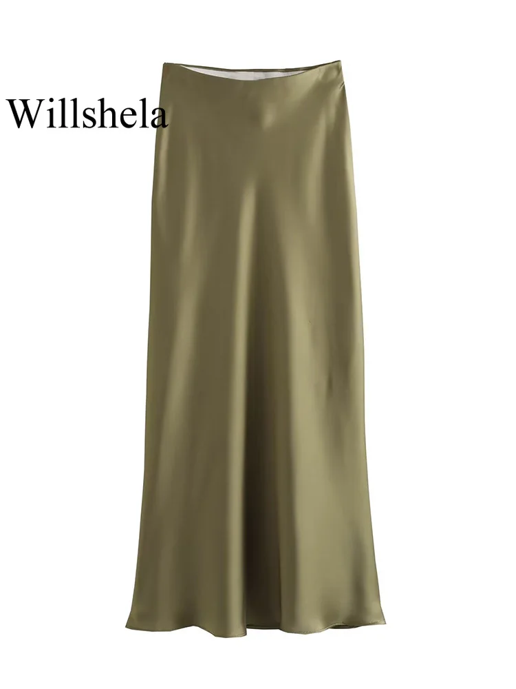 Willshela Women Fashion Satin Solid Pleated Midi Skirt Vintage Mid Elastic Waist Female Chic Lady Skirts 6
