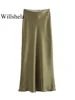 Willshela Women Fashion Satin Solid Pleated Midi Skirt Vintage Mid Elastic Waist Female Chic Lady Skirts 6