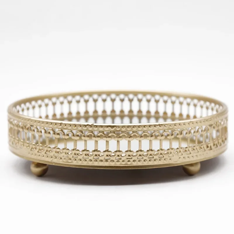 Retro Style Golden Iron Delicate Glass Mirror Base Tray Desktop Jewelry Cosmetic Storage Bedroom Dessert