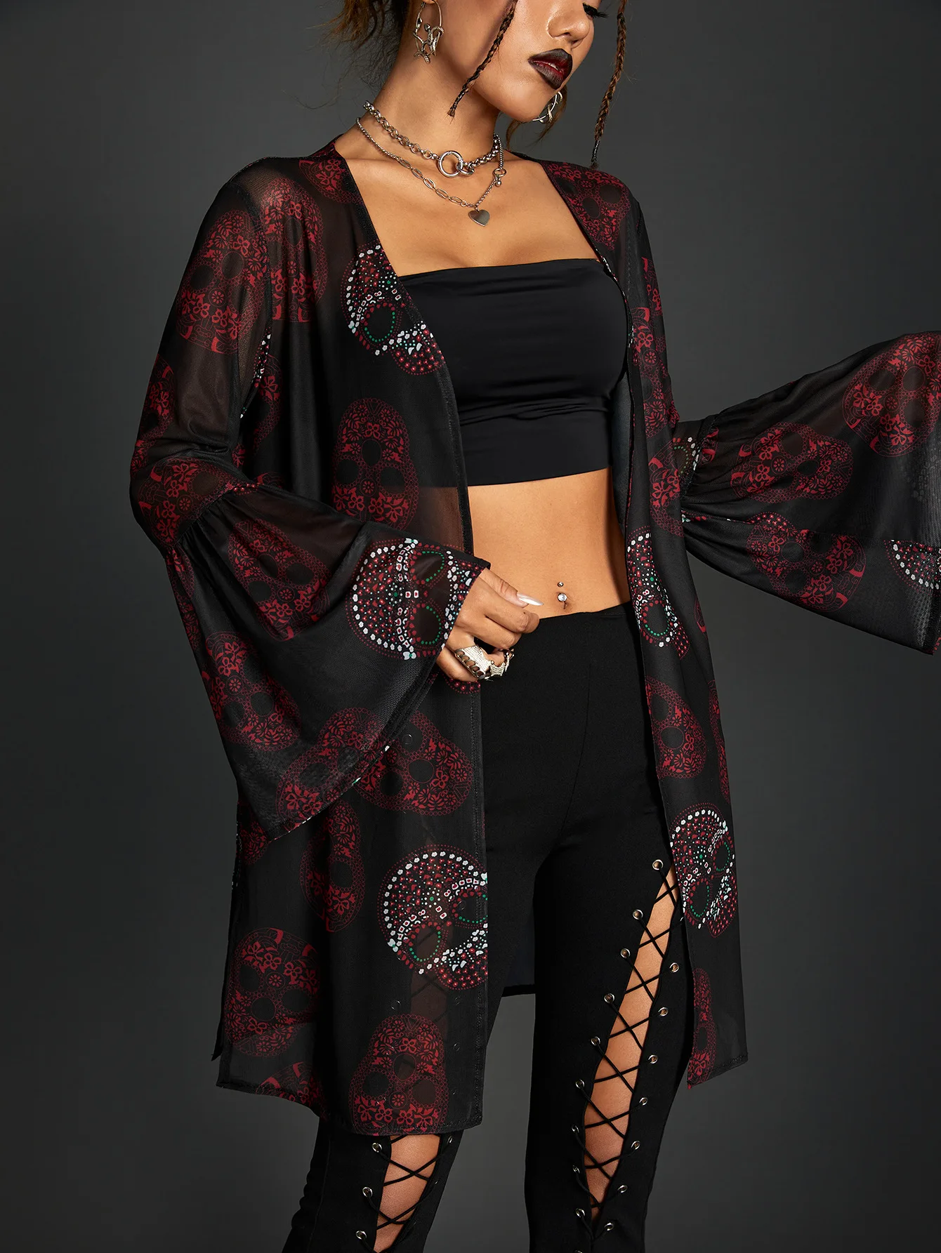 

Rosetic Goth Fashion Women Retro Ladies Blouse Long Flare Sleeve Printing Cardigan Gothic Style Lady Blouse For Autumn 2023