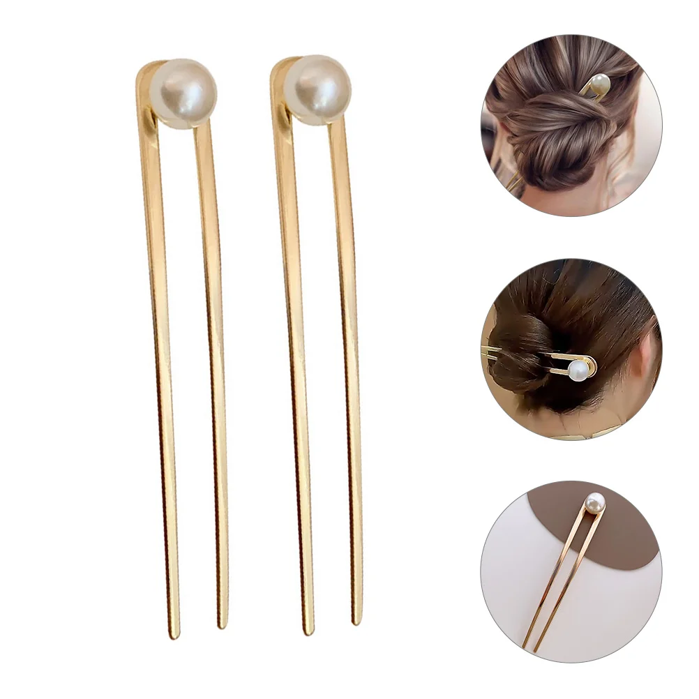 

2 Pcs U Shaped Hairpin Chignon Fork Barrettes Bun Updo Tiara Pearl Headgear Metal Stick