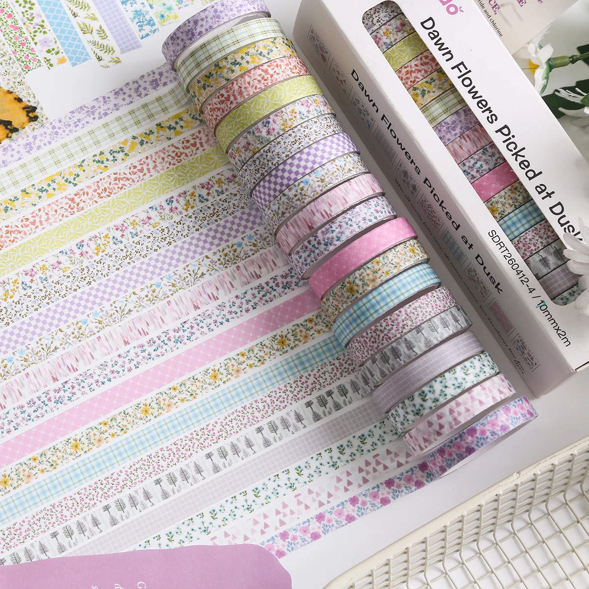 20롤 빈티지 꽃무늬 와시 테이프 세트, 저널 플래너 스크랩북 및 DIY 공예용 레트로 꽃&텍스트 장식 스트립