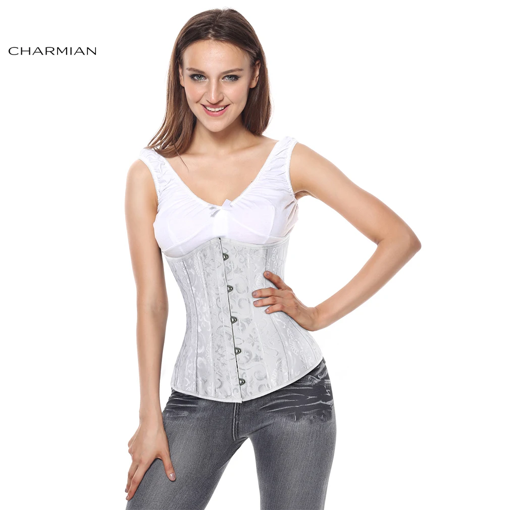 Charmian Black Corset Waist Trainer Women Double Heavy Steel Boned Brocade Shapewear Short Torso Underbust Corset Waist Cincher