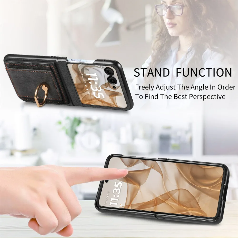 Premium Retro Plain PU Leather Wallet Phone Case with Card Slot and Ring Bracket - Shockproof Cover