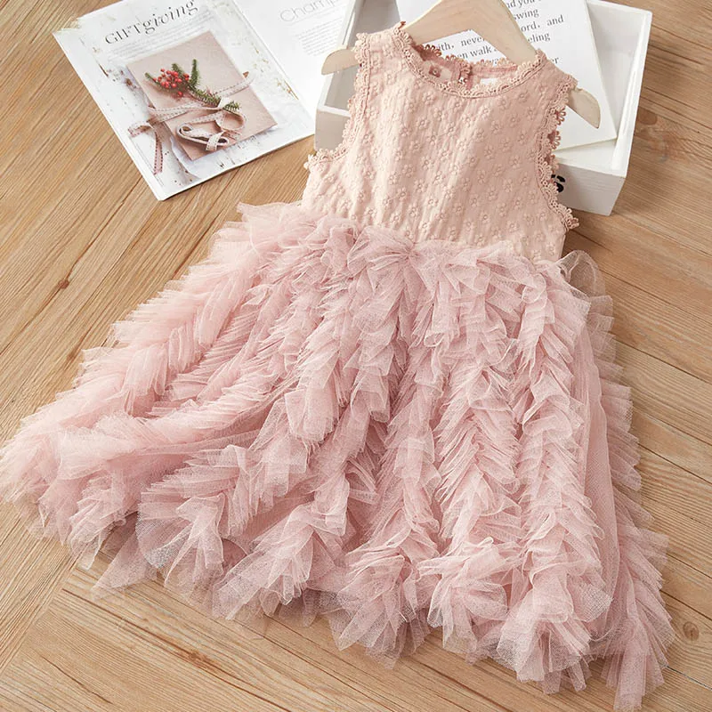 Urso líder meninas vestido 2023 novo verão malha meninas roupas rosa applique vestido de princesa crianças verão roupas do bebê meninas vestido