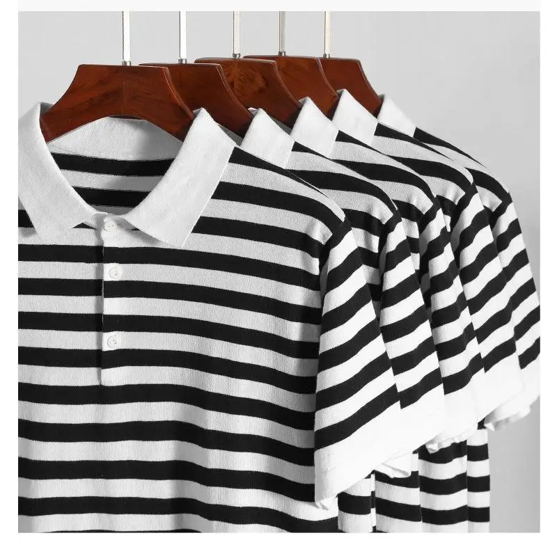 Vintage black and white striped short-sleeved loose breathable casual upper knit polo shirt 8 Sf095da5881054ded9129a240c9cc1e1bI