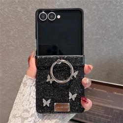 Luxury Glitter 3D Butterfly Ring Case with Shockproof Back Cover and Plain Hinge Design - Galaxy Z Flip7 (Black)