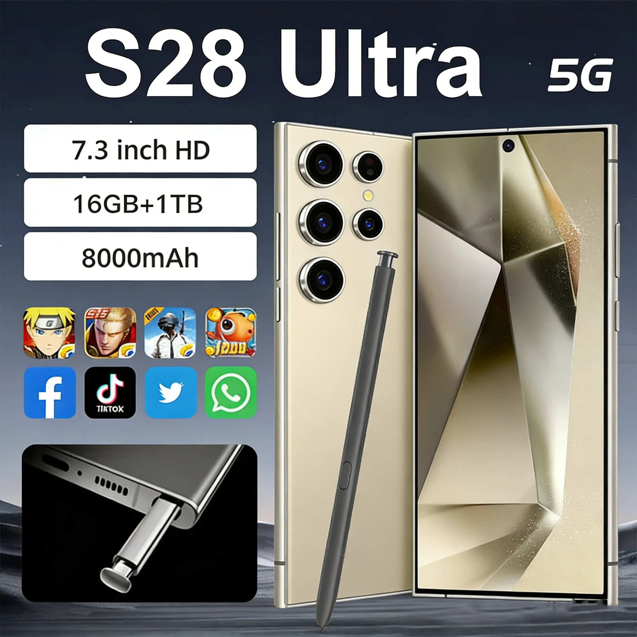 새로운 2026 핫 실리콘 케이스 S28 울트라 7.3인치 24GB+2TB 5G 7800mAh 108MP 타입-C PC용