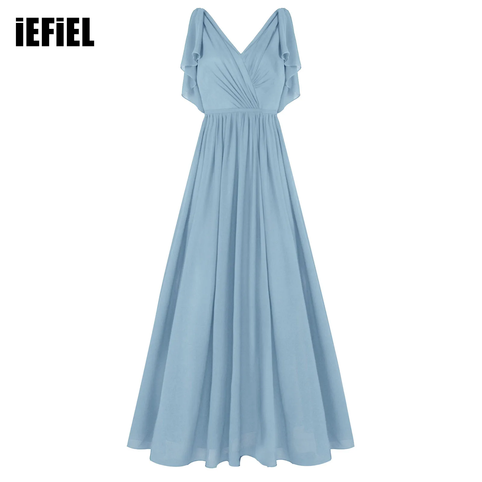 

Women Chiffon Drape Dress Deep V Neck Open Back Sleeveless Back Closure Ruffled Front Waist Split Birthday Wedding Party Dress