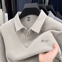 Pull pour hommes col Polo étiquette Patchwork rayures doublure en laine peluche tricoté épaissi pull marque de luxe impression Thermo vêtements pour hommes 1