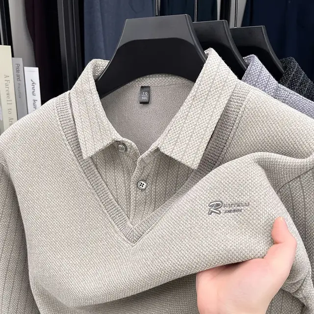 Pull pour hommes col Polo étiquette Patchwork rayures doublure en laine peluche tricoté épaissi pull marque de luxe impression Thermo vêtements pour hommes 1