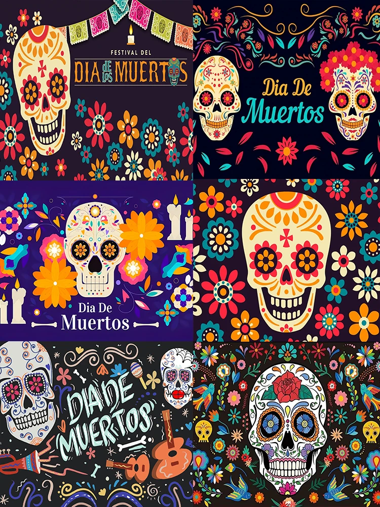 

Day of The Dead Dia DE Los Muertos Backdrop Mexican Sugar Skull Flower Dress-up Fiesta Vinyl Background Decor Supplies