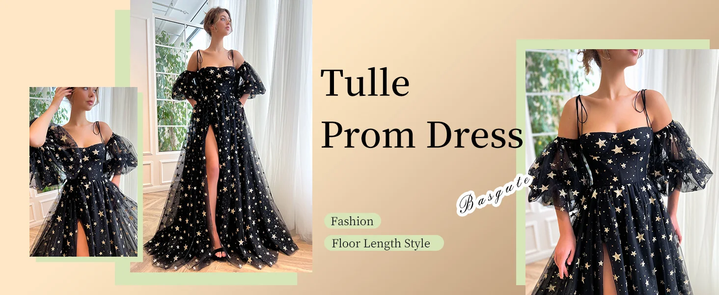 Vestidos de fiesta de tul con estrellas brillantes y mangas abullonadas, vestido formal de noche con estrellas brillantes