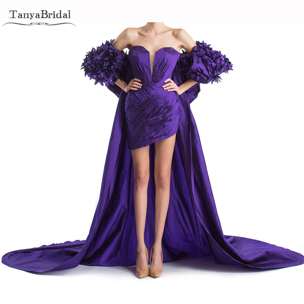 Purple Taffeta Cape With Long Train Puff Detachable Sleeved Wrap Fashion  Jacket With 3D Flowers Chic DJ194 - AliExpress 320